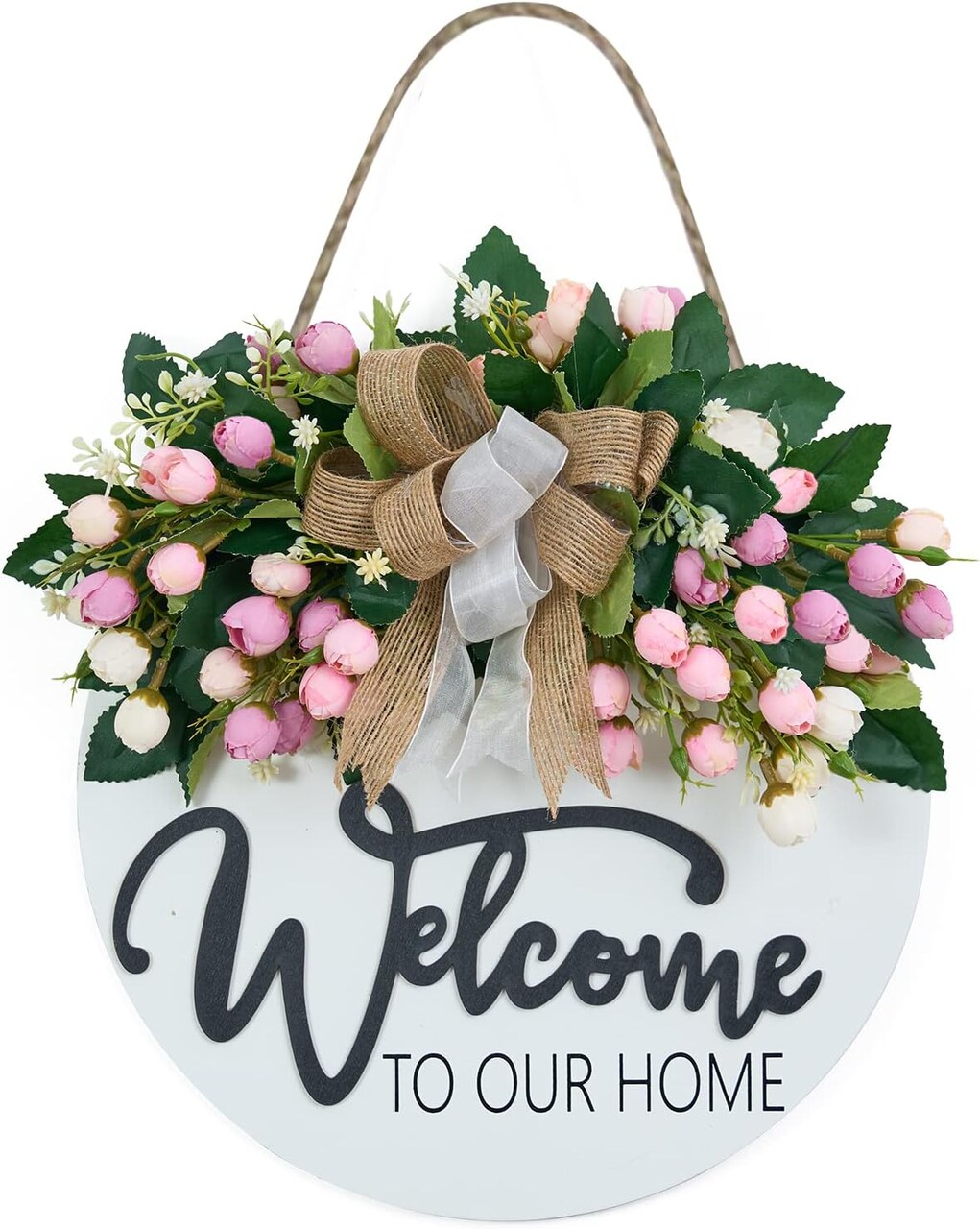 3D Spring Summer Welcome Wreaths for Front Door, Wood Door Hanger,Floral Porch Decor,Wall Plaque, Pink Flower Wreath,Farmhouse White Welcome Sign